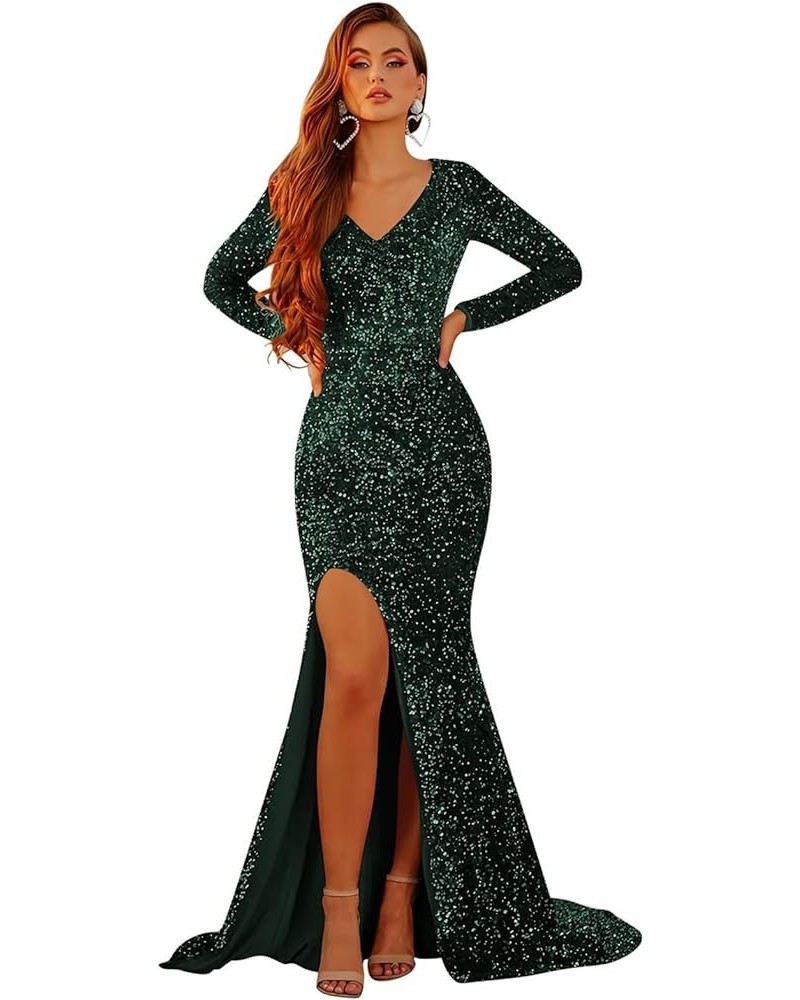 Mermaid Long Sleeve Prom Dresses with Slit V Neck Sparkly Sequin Evening Formal Gown for Women Emerald Green $30.75 Dresses