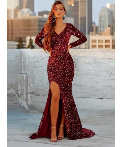 Mermaid Long Sleeve Prom Dresses with Slit V Neck Sparkly Sequin Evening Formal Gown for Women Emerald Green $30.75 Dresses