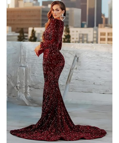 Mermaid Long Sleeve Prom Dresses with Slit V Neck Sparkly Sequin Evening Formal Gown for Women Emerald Green $30.75 Dresses