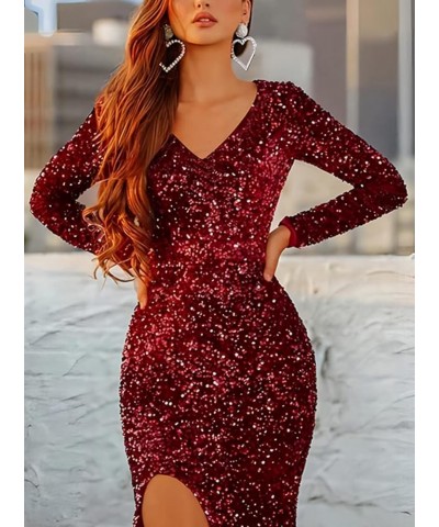 Mermaid Long Sleeve Prom Dresses with Slit V Neck Sparkly Sequin Evening Formal Gown for Women Emerald Green $30.75 Dresses