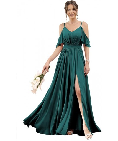 Women's Cold Shoulder Bridesmaid Dresses 2023 for Wedding Long V-Neck Formal Evening Party Dress with Slit VT018 Peacock $31....