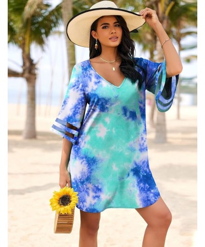 Women's Swimsuit Cover Up 3/4 Bell Sleeve Beachwear Coverups Deep V-Neck Bikini Beach Dress S-3XL Prt1 Tie Dye $16.14 Swimsuits