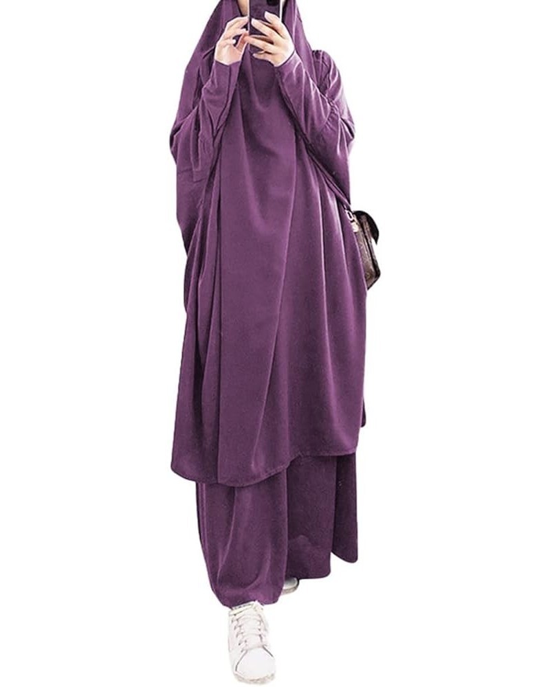 Muslim Islamic Women's Full Cover Two Pieces Soft Distinctive Prayer Dress Hijab Abaya Robe Suit Taro Purple $18.01 Dresses