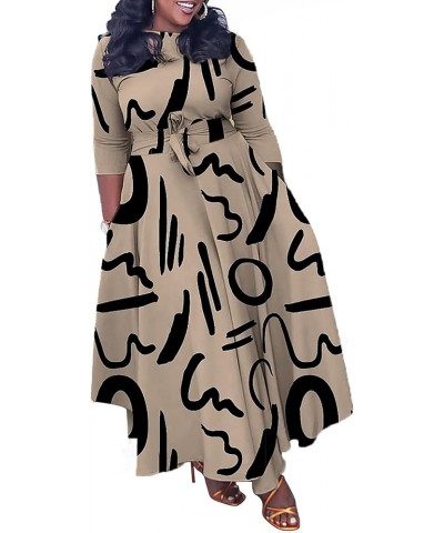 Womens Plus Size Camo Dress Long Sleeve African Print Camouflage A-line Flowy Long Maxi Dress with Tie 2-biege $21.99 Dresses