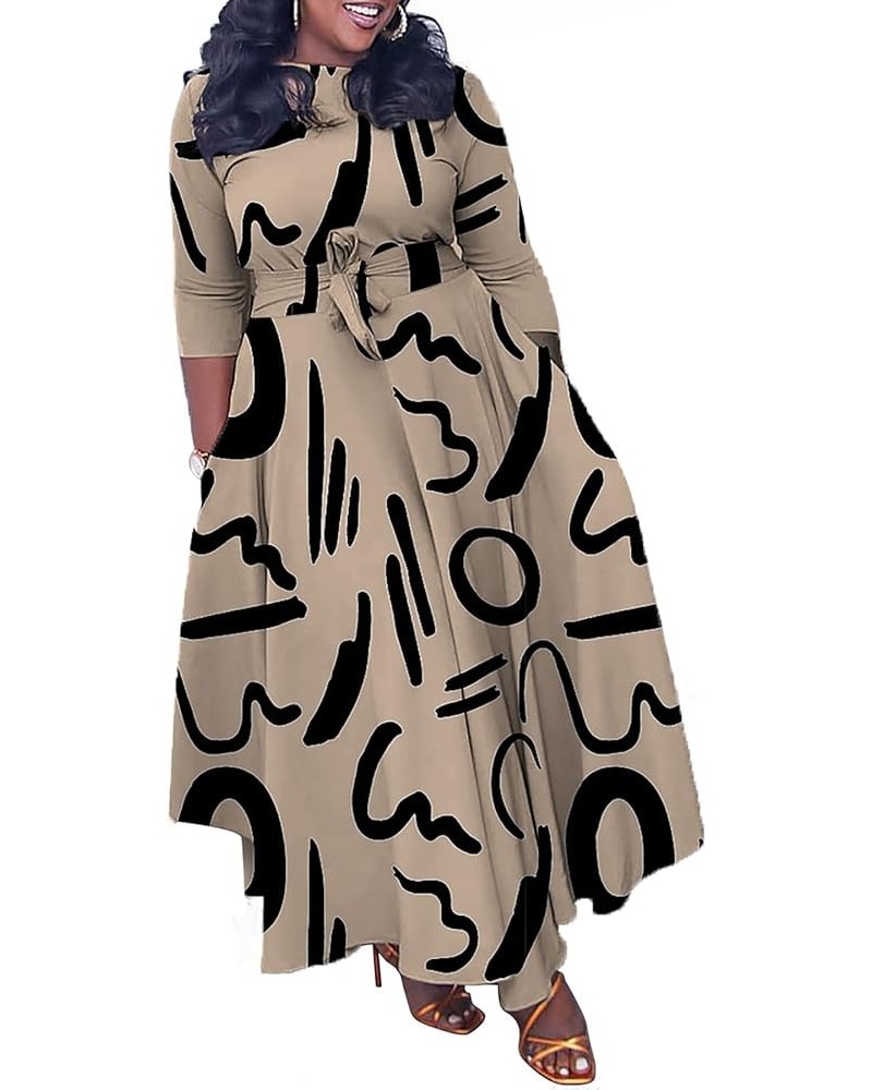 Womens Plus Size Camo Dress Long Sleeve African Print Camouflage A-line Flowy Long Maxi Dress with Tie 2-biege $21.99 Dresses