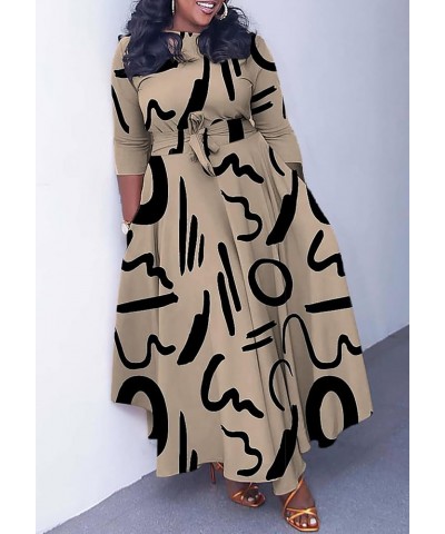 Womens Plus Size Camo Dress Long Sleeve African Print Camouflage A-line Flowy Long Maxi Dress with Tie 2-biege $21.99 Dresses