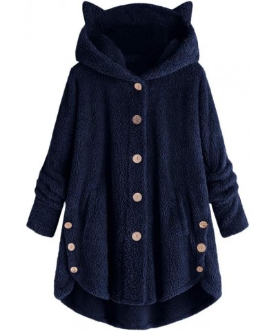 Womens Winter Fuzzy Fleece Jacket Cute Cat Ear Hooded Button down Warm Coats Plus Size Sherpa Outerwear with Pockets Navy $8....