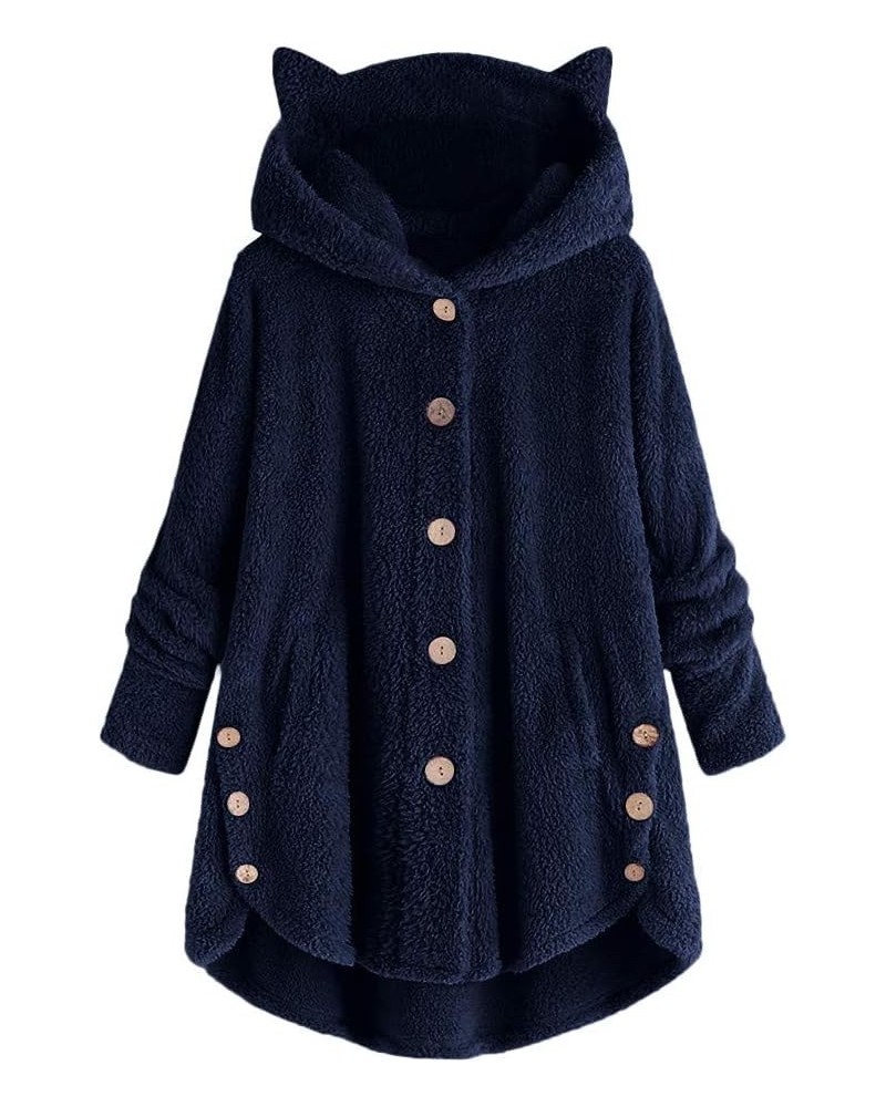 Womens Winter Fuzzy Fleece Jacket Cute Cat Ear Hooded Button down Warm Coats Plus Size Sherpa Outerwear with Pockets Navy $8....