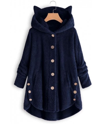 Womens Winter Fuzzy Fleece Jacket Cute Cat Ear Hooded Button down Warm Coats Plus Size Sherpa Outerwear with Pockets Navy $8....