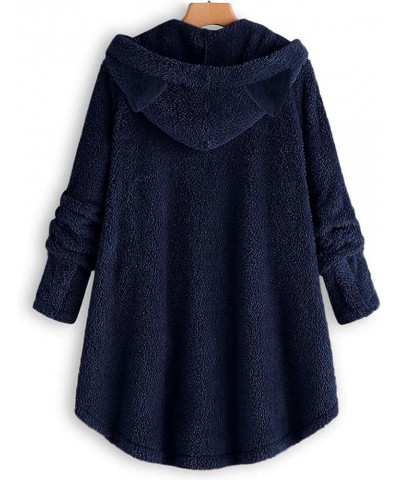 Womens Winter Fuzzy Fleece Jacket Cute Cat Ear Hooded Button down Warm Coats Plus Size Sherpa Outerwear with Pockets Navy $8....