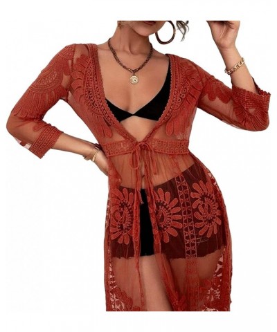 Women's Lace Cardigan Floral Crochet Sheer Beach Cover Ups Open Front 3/4 Length Sleeve Tie Bikini Swimsuit Kimono Red $18.20...