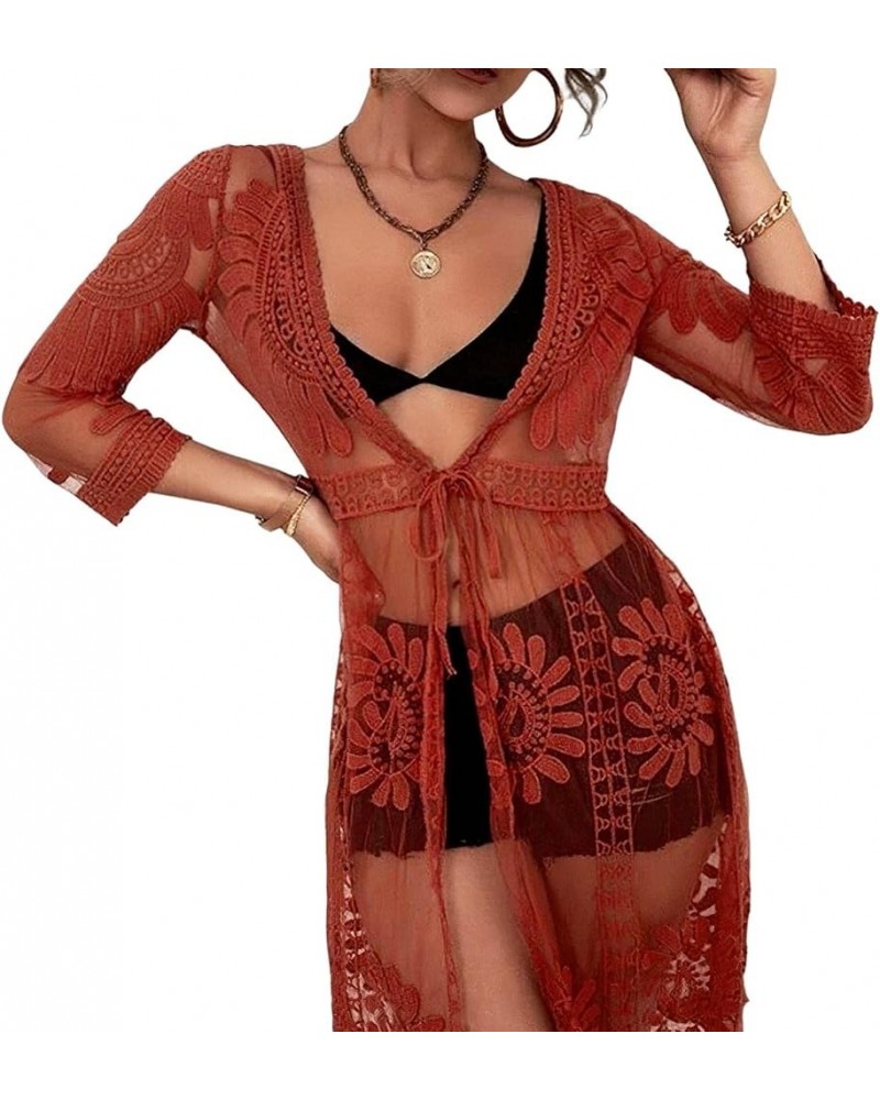 Women's Lace Cardigan Floral Crochet Sheer Beach Cover Ups Open Front 3/4 Length Sleeve Tie Bikini Swimsuit Kimono Red $18.20...