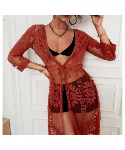 Women's Lace Cardigan Floral Crochet Sheer Beach Cover Ups Open Front 3/4 Length Sleeve Tie Bikini Swimsuit Kimono Red $18.20...