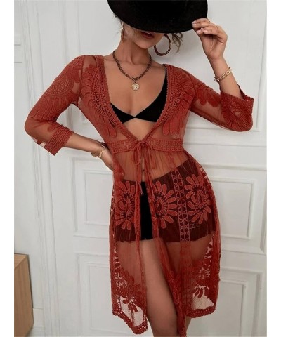 Women's Lace Cardigan Floral Crochet Sheer Beach Cover Ups Open Front 3/4 Length Sleeve Tie Bikini Swimsuit Kimono Red $18.20...