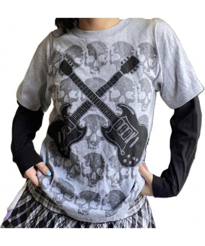 Women Y2k Gothic Patchwork Top Fairy Grunge Graphic Long Sleeve T Shirts 90s Aesthetic Dark Academia Streetwear C-grey Guitar...