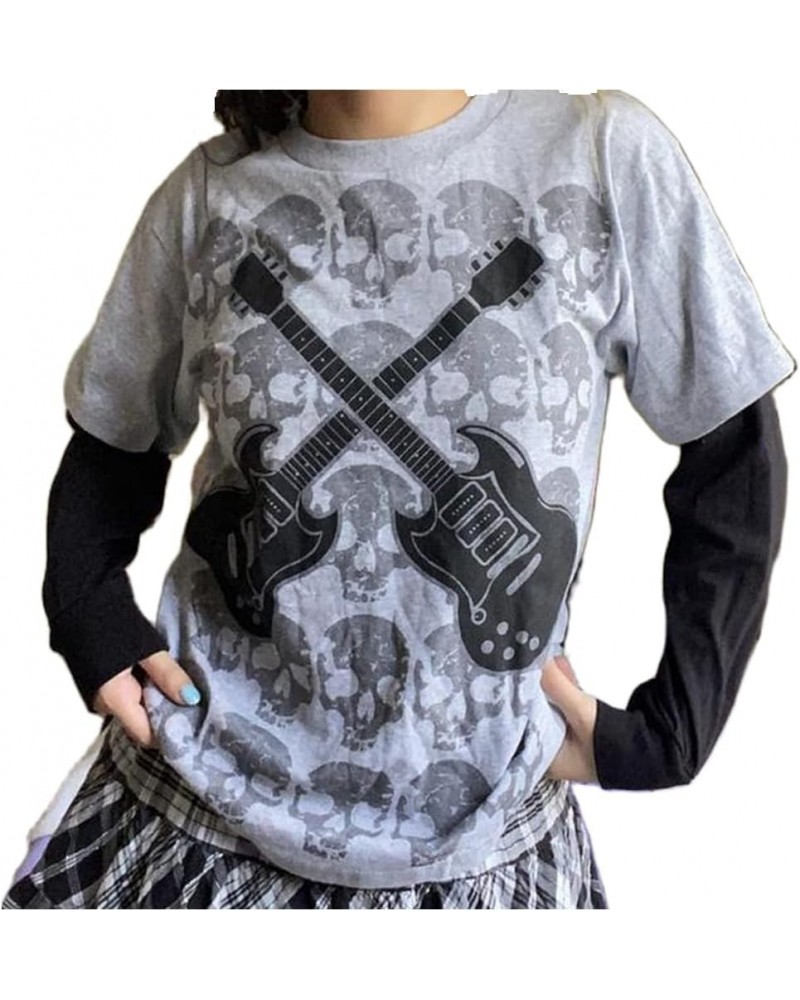 Women Y2k Gothic Patchwork Top Fairy Grunge Graphic Long Sleeve T Shirts 90s Aesthetic Dark Academia Streetwear C-grey Guitar...