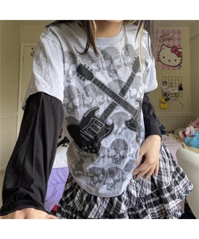 Women Y2k Gothic Patchwork Top Fairy Grunge Graphic Long Sleeve T Shirts 90s Aesthetic Dark Academia Streetwear C-grey Guitar...