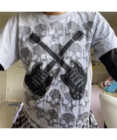 Women Y2k Gothic Patchwork Top Fairy Grunge Graphic Long Sleeve T Shirts 90s Aesthetic Dark Academia Streetwear C-grey Guitar...