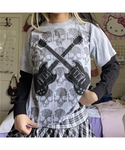 Women Y2k Gothic Patchwork Top Fairy Grunge Graphic Long Sleeve T Shirts 90s Aesthetic Dark Academia Streetwear C-grey Guitar...