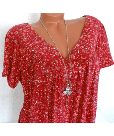 Women Boho Floral Tunic Shirts Short Sleeve V Neck Ladies Summer Tops Dressy Causal Sexy Blouses Cute Clothing 2023 Red 9 $7....