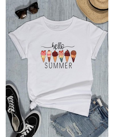 Women's T-Shirt Summer Fashion Casual Crew Collar Print Short Sleeve Ice Cream Pattern Top White-z0012 $10.25 Tops