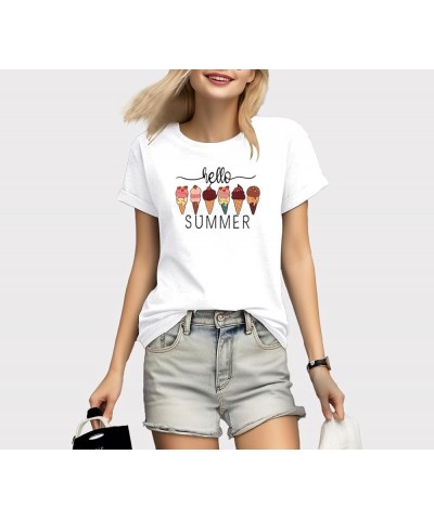 Women's T-Shirt Summer Fashion Casual Crew Collar Print Short Sleeve Ice Cream Pattern Top White-z0012 $10.25 Tops