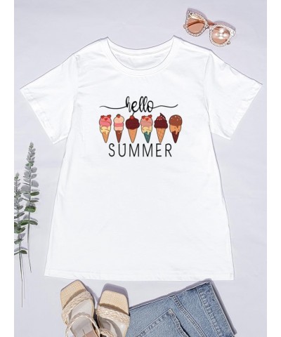 Women's T-Shirt Summer Fashion Casual Crew Collar Print Short Sleeve Ice Cream Pattern Top White-z0012 $10.25 Tops