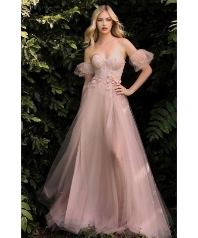 Glitter Tulle Prom Dresses 3D Flowers Lace Applique Long Ball Gown Off Shoulder Puffy Sleeve Formal Dress Slit Dusty Pink $29...