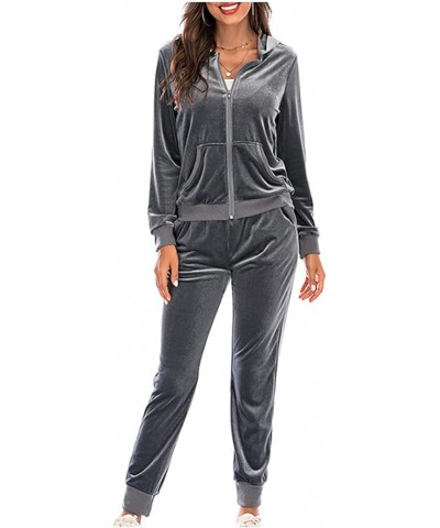 Women's Sweatsuits Sets Velour 2 Piece Outfits Zip Up Hooded Coat With Poocket And Wide Leg Sweatpants Lounge Sets A01gray $1...