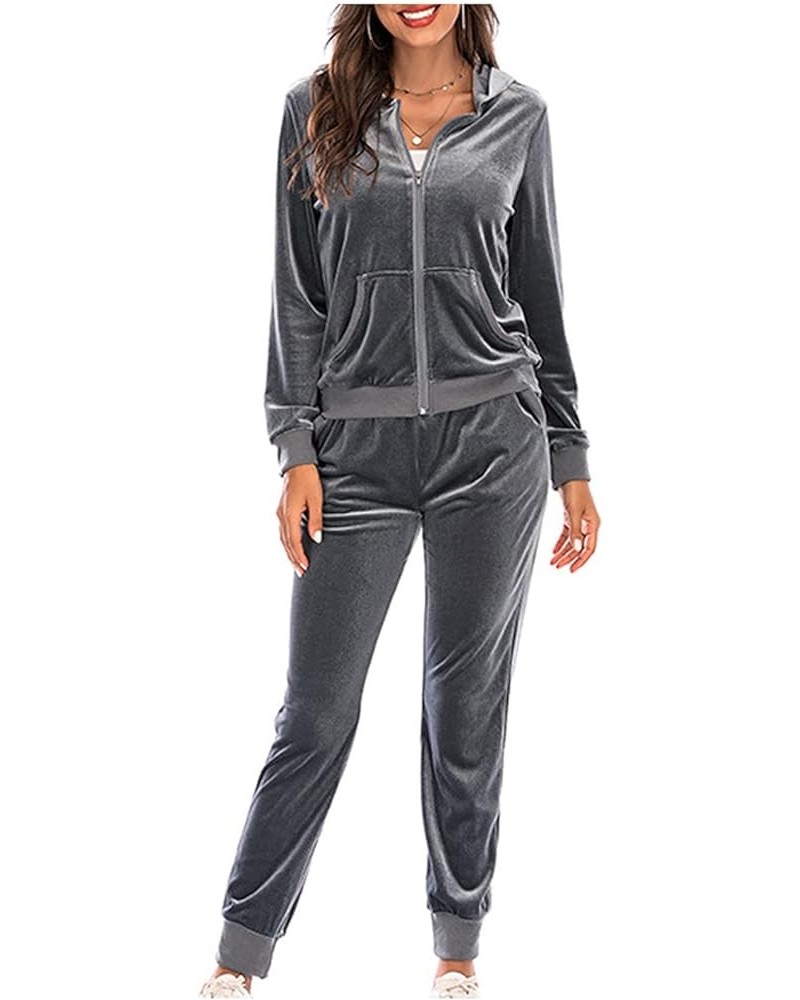 Women's Sweatsuits Sets Velour 2 Piece Outfits Zip Up Hooded Coat With Poocket And Wide Leg Sweatpants Lounge Sets A01gray $1...