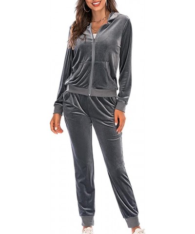 Women's Sweatsuits Sets Velour 2 Piece Outfits Zip Up Hooded Coat With Poocket And Wide Leg Sweatpants Lounge Sets A01gray $1...