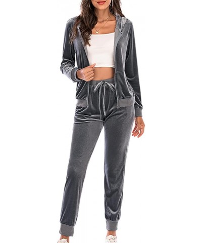 Women's Sweatsuits Sets Velour 2 Piece Outfits Zip Up Hooded Coat With Poocket And Wide Leg Sweatpants Lounge Sets A01gray $1...