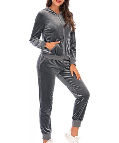 Women's Sweatsuits Sets Velour 2 Piece Outfits Zip Up Hooded Coat With Poocket And Wide Leg Sweatpants Lounge Sets A01gray $1...