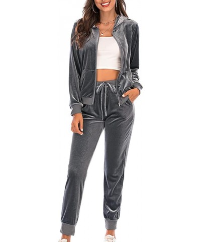 Women's Sweatsuits Sets Velour 2 Piece Outfits Zip Up Hooded Coat With Poocket And Wide Leg Sweatpants Lounge Sets A01gray $1...