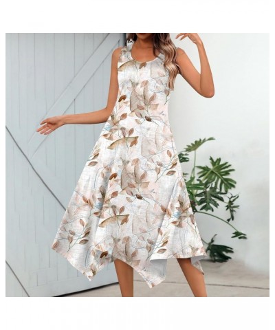 Summer Spring Dress for Women Casual Fashion Round Neck Sleeveless Dress Printed Slim Fit Irregular Midi Dress 05-beige $5.69...