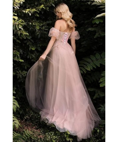 Glitter Tulle Prom Dresses 3D Flowers Lace Applique Long Ball Gown Off Shoulder Puffy Sleeve Formal Dress Slit Dusty Pink $29...