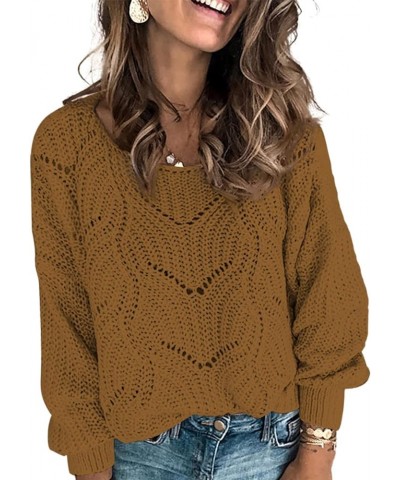 Womens 2023 Cute Elegant Soft Crewneck Long Sleeve Hollow Cable Knit Pullover Sweaters Khaki 2 $24.29 Sweaters