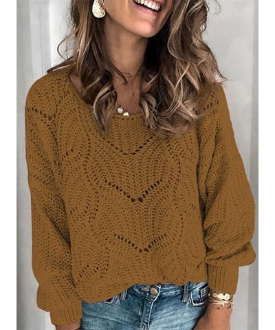 Womens 2023 Cute Elegant Soft Crewneck Long Sleeve Hollow Cable Knit Pullover Sweaters Khaki 2 $24.29 Sweaters