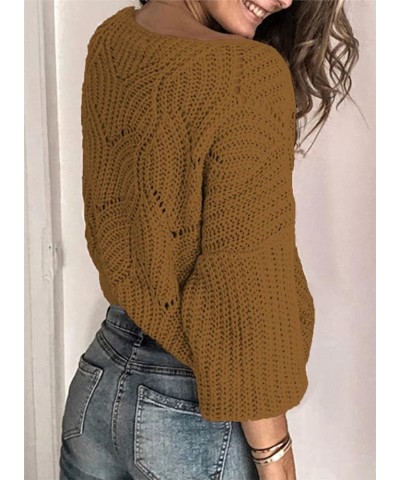 Womens 2023 Cute Elegant Soft Crewneck Long Sleeve Hollow Cable Knit Pullover Sweaters Khaki 2 $24.29 Sweaters