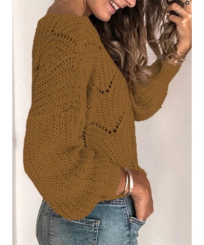 Womens 2023 Cute Elegant Soft Crewneck Long Sleeve Hollow Cable Knit Pullover Sweaters Khaki 2 $24.29 Sweaters