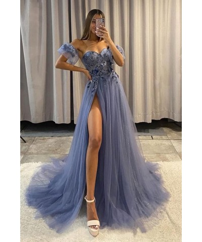 Glitter Tulle Prom Dresses 3D Flowers Lace Applique Long Ball Gown Off Shoulder Puffy Sleeve Formal Dress Slit Dusty Pink $29...