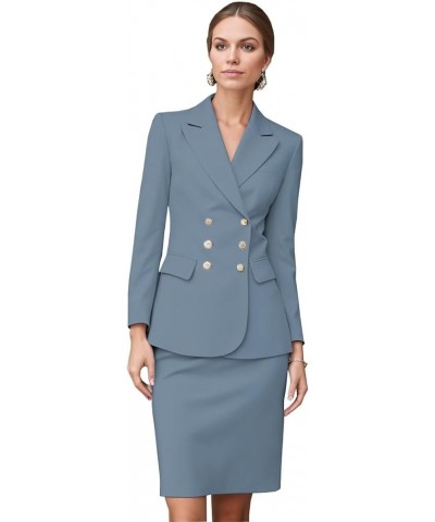 Women's Business Suit 2 Pieces Solid Blazer Skirt Slim Fit Lady Suit Set for Office Work Dusty Blue $40.69 Suits