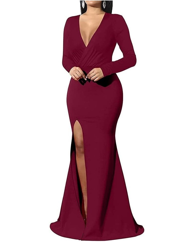 Formal Maxi Dress for Women Sexy Deep V Neck Wrap Side Split Bodycon Cocktail Party Long Floor Length Dress 10735 Winered $26...