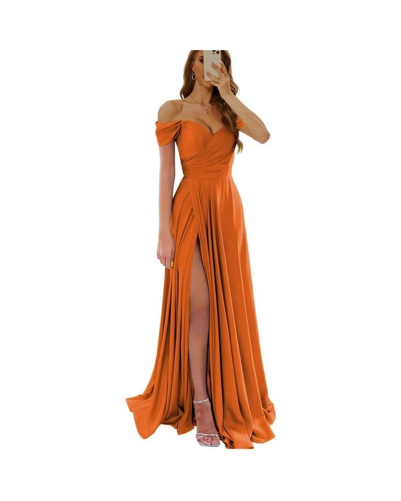 Womens Off Shoulder Prom Dresses Satin Long Formal Wedding Guest Party Gowns Dress with Slit Orange $32.44 Dresses