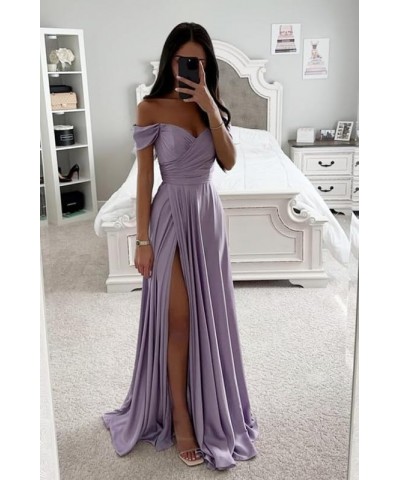 Womens Off Shoulder Prom Dresses Satin Long Formal Wedding Guest Party Gowns Dress with Slit Orange $32.44 Dresses