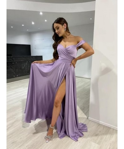 Womens Off Shoulder Prom Dresses Satin Long Formal Wedding Guest Party Gowns Dress with Slit Orange $32.44 Dresses