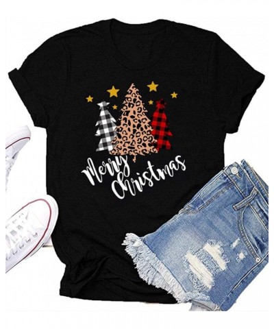 Christmas Shirts Womens Leopard Plaid Trees Printed Casual Short Sleeve Graphic Tees Tops C-black $7.27 T-Shirts