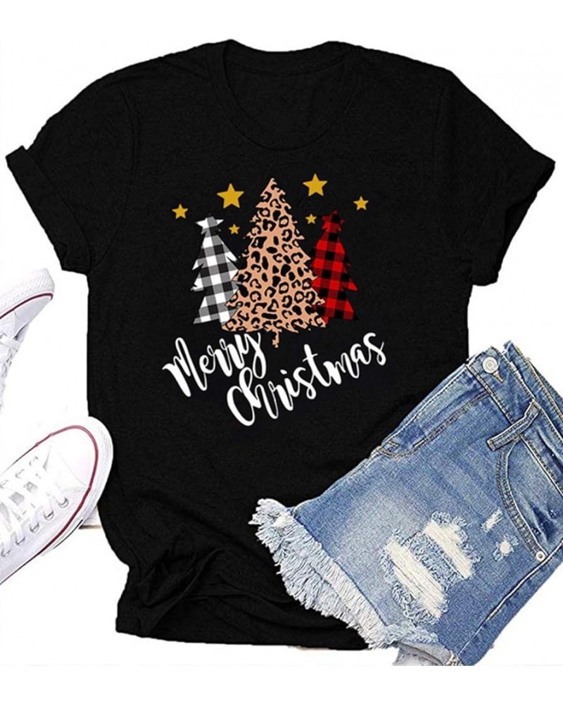 Christmas Shirts Womens Leopard Plaid Trees Printed Casual Short Sleeve Graphic Tees Tops C-black $7.27 T-Shirts