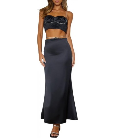 Y2K 2 Piece Maxi Skirt Set Strapless Crop Tube Top with Long Skirt Sexy Two Piece Outfits Party Club Beach Rhinestone Black $...