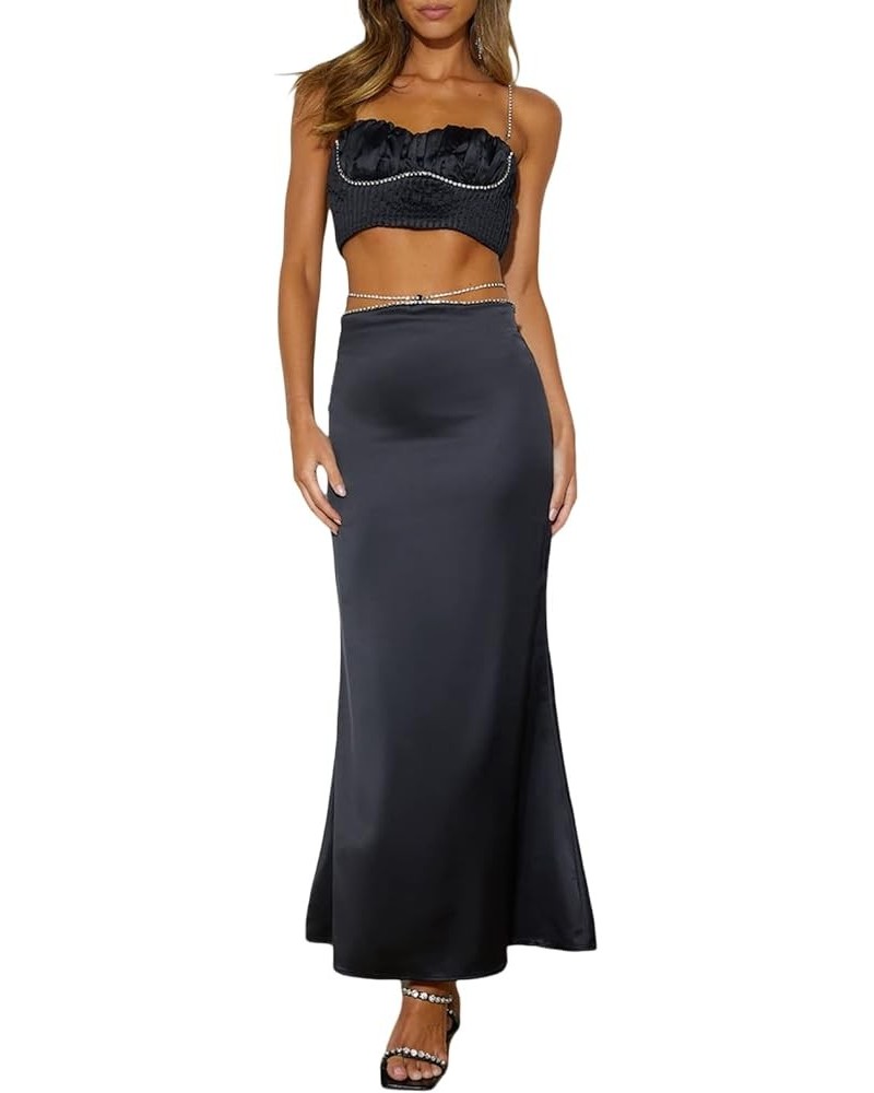 Y2K 2 Piece Maxi Skirt Set Strapless Crop Tube Top with Long Skirt Sexy Two Piece Outfits Party Club Beach Rhinestone Black $...